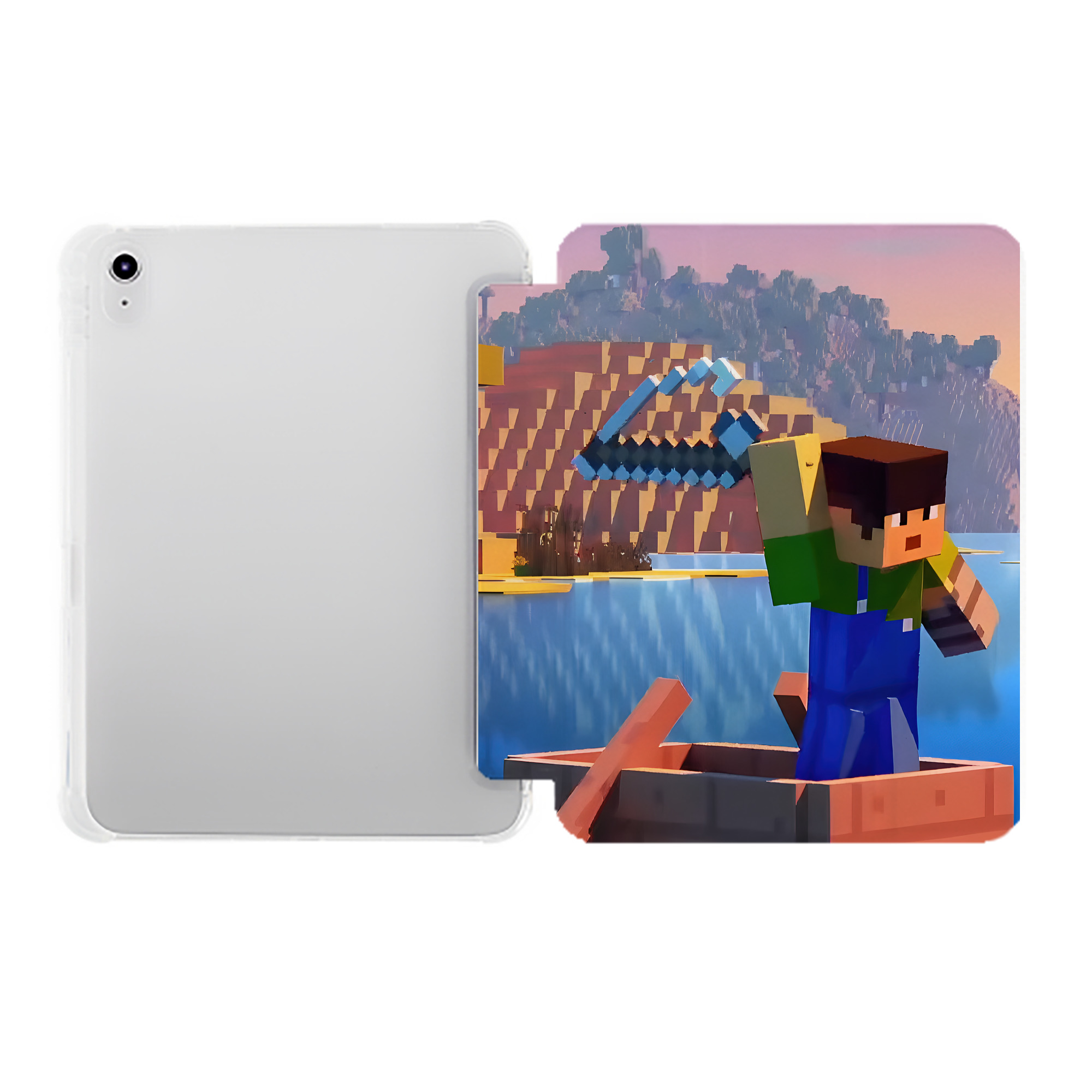 （画像用） マインクラフト ブロックの世界 Minecraft MC Block world IPad ケース ペン収納付き 三つ折りスタンド PUレザー×シリコン 対応機種9.5/10.5/10.9インチ